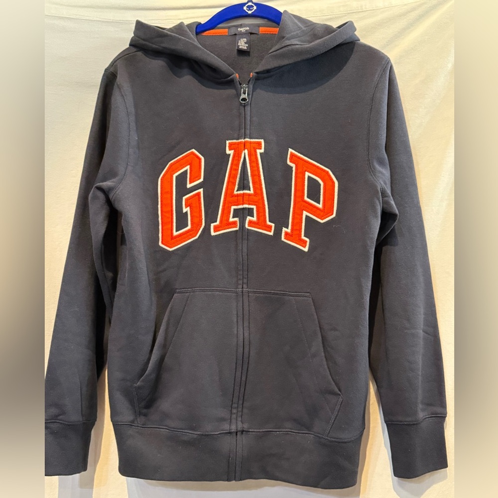 NEW GAP Kids Navy Zip Front Hoodie with Orange Embroidered Logo